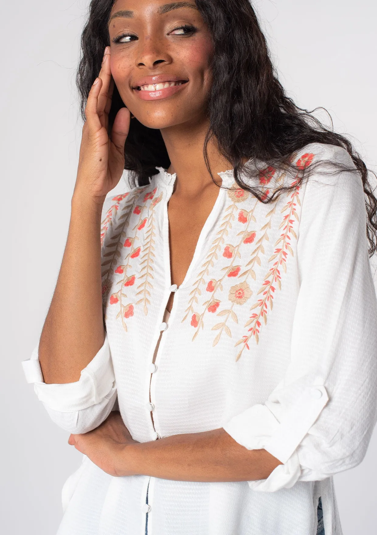 Floral Embroidered Roll Up Long Sleeve Top