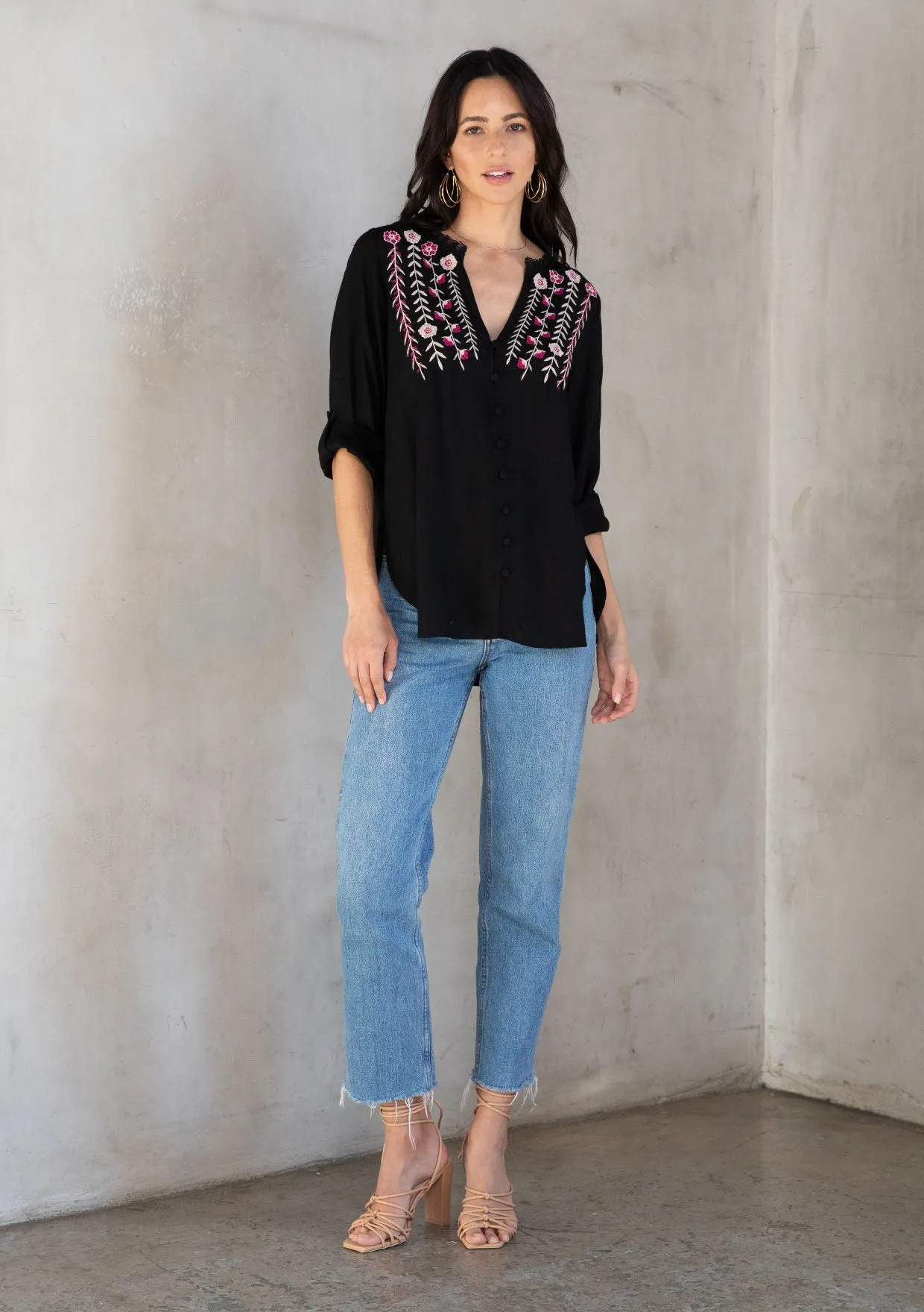 Floral Embroidered Roll Up Long Sleeve Top