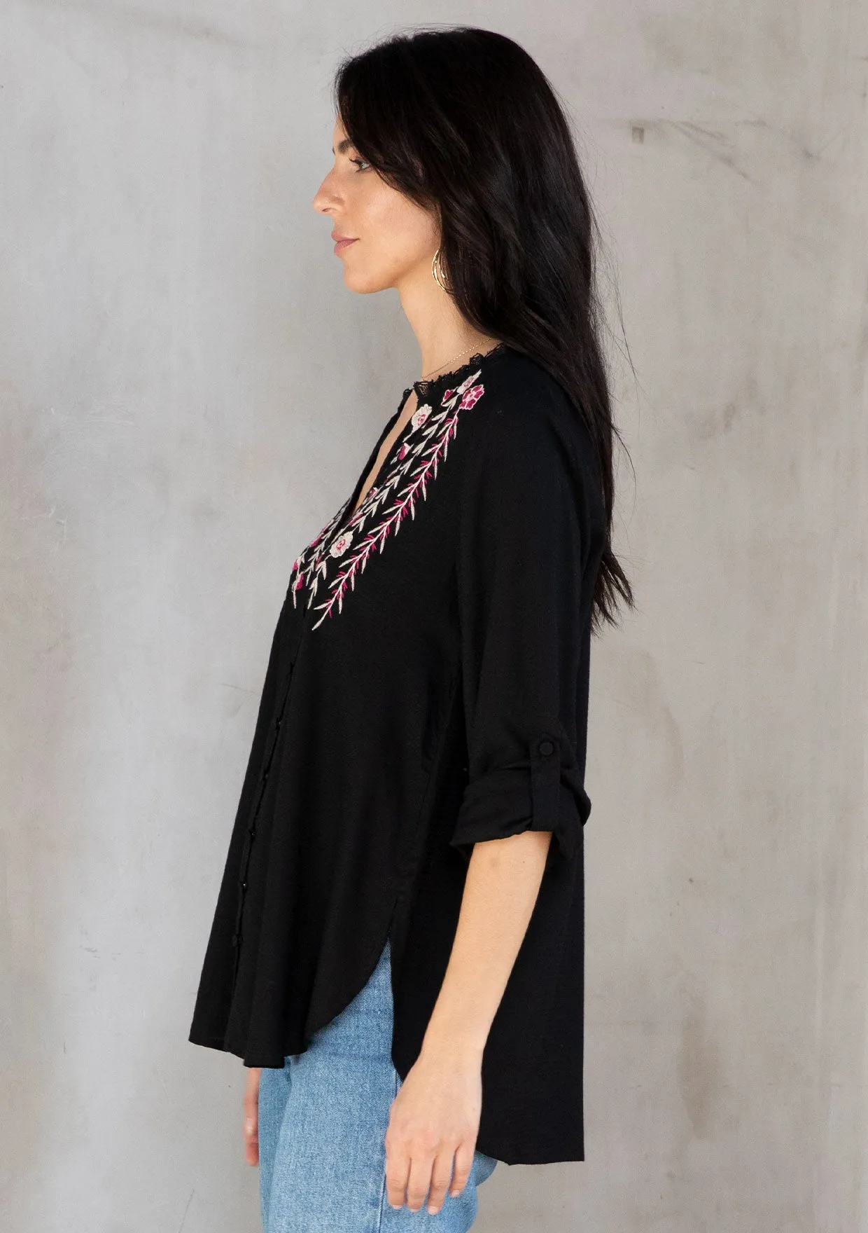 Floral Embroidered Roll Up Long Sleeve Top