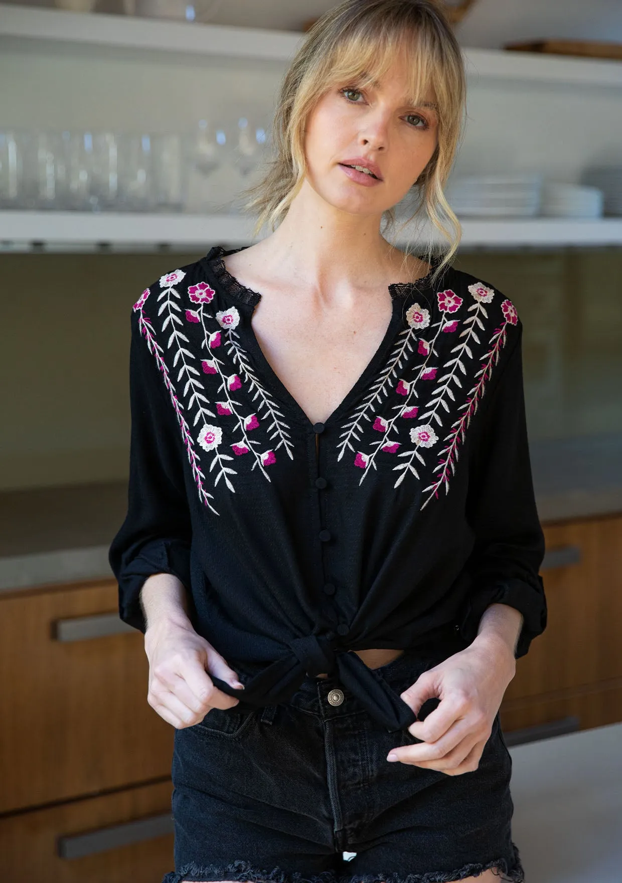 Floral Embroidered Roll Up Long Sleeve Top