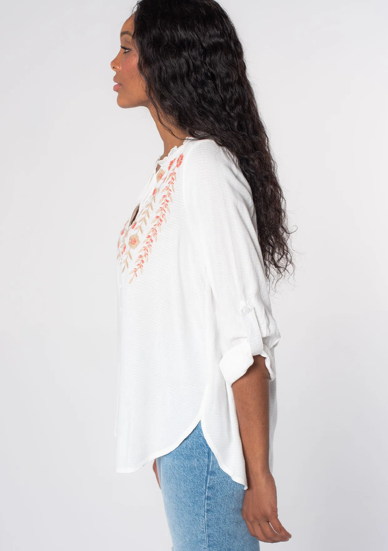 Floral Embroidered Roll Up Long Sleeve Top