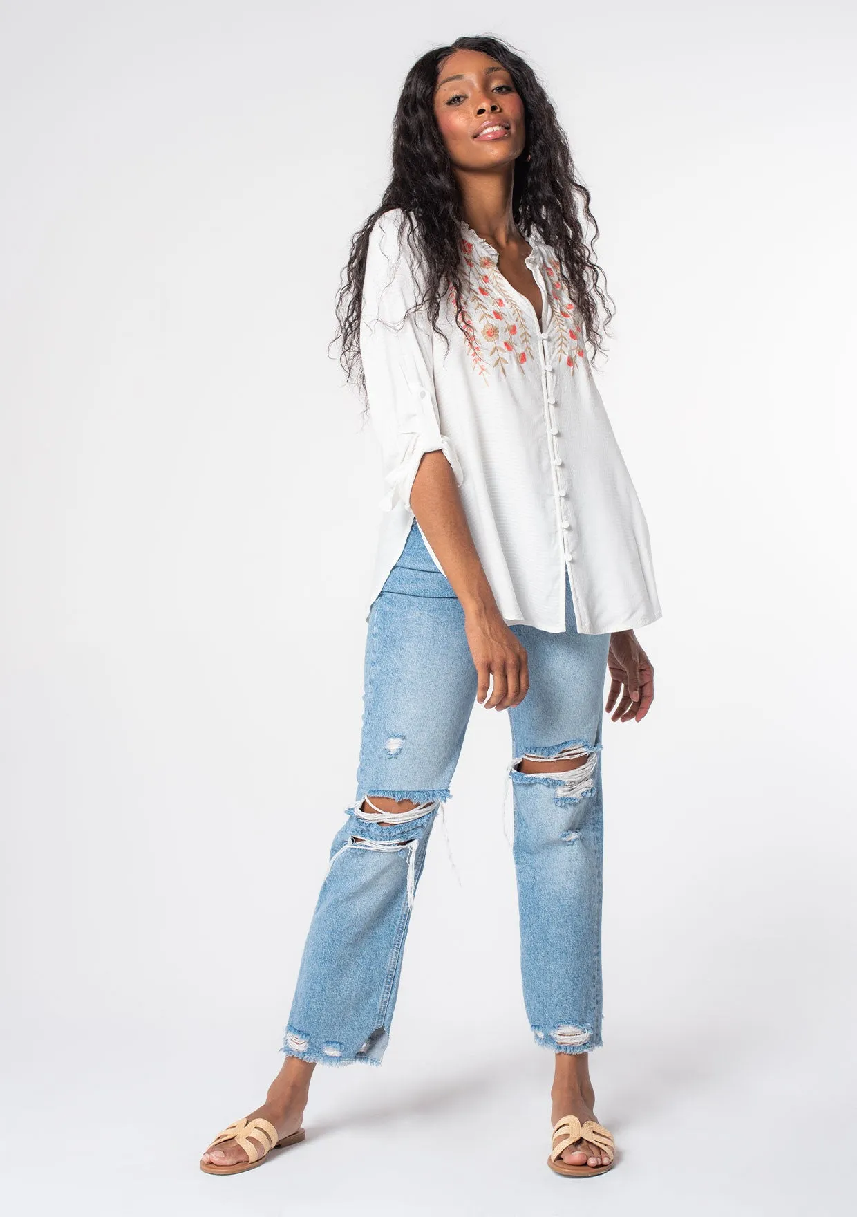 Floral Embroidered Roll Up Long Sleeve Top