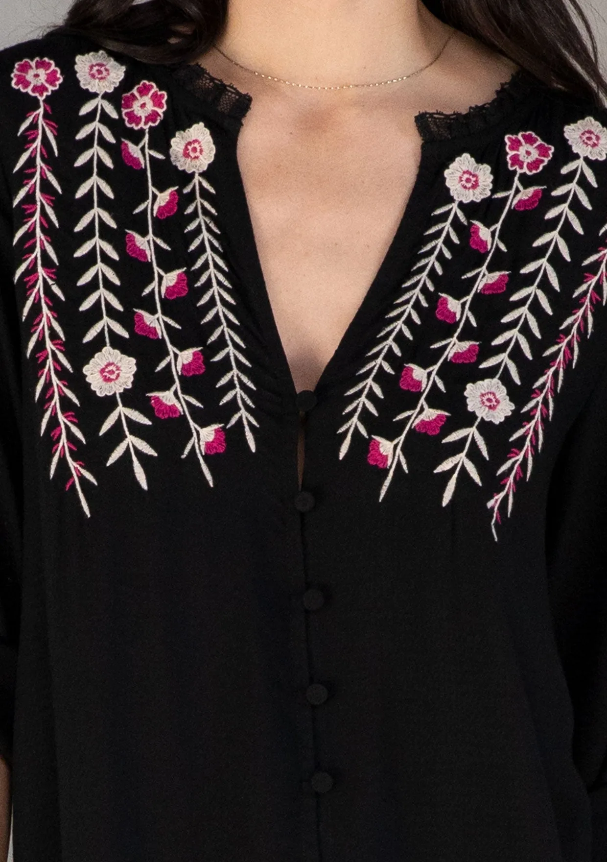 Floral Embroidered Roll Up Long Sleeve Top