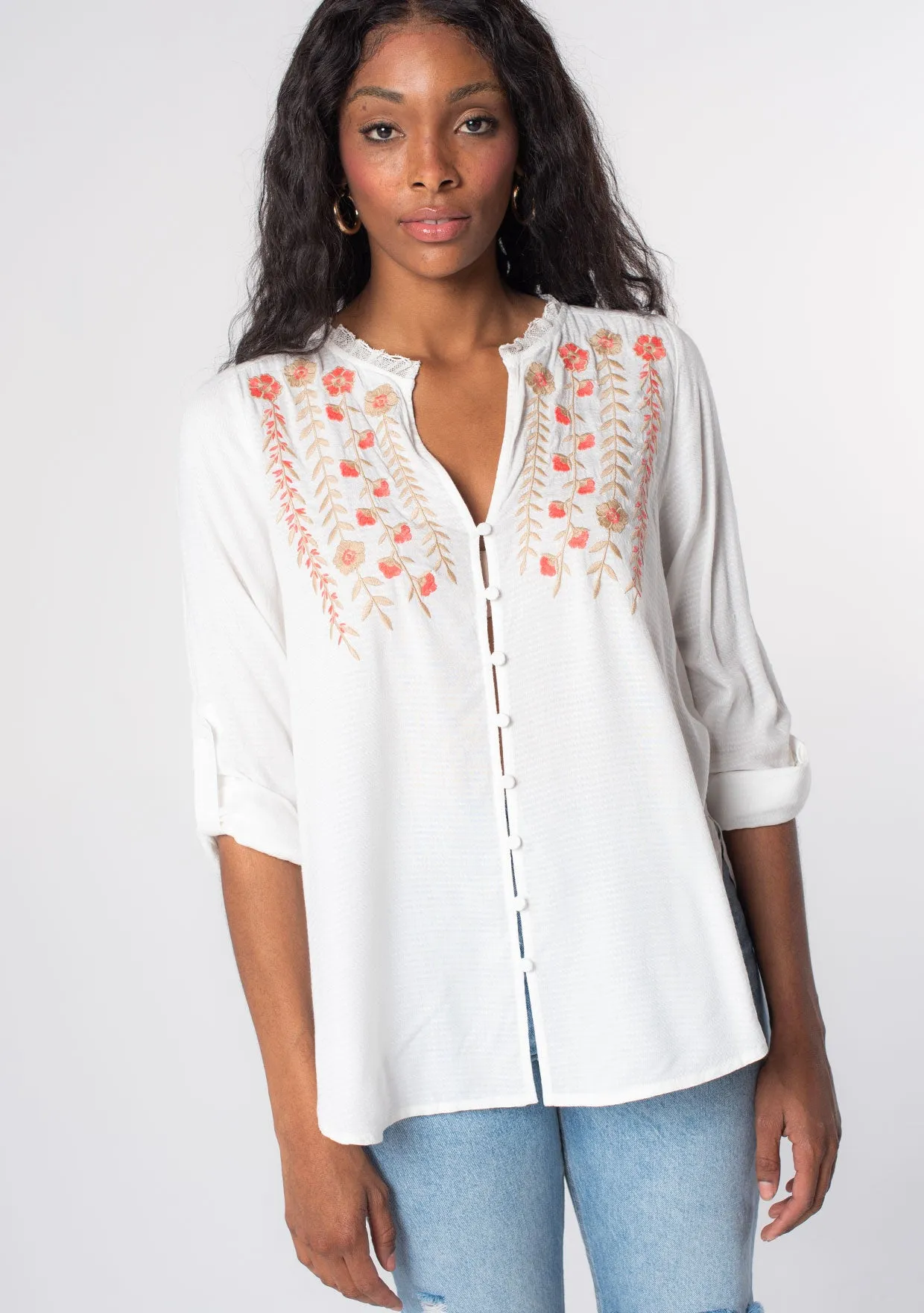 Floral Embroidered Roll Up Long Sleeve Top