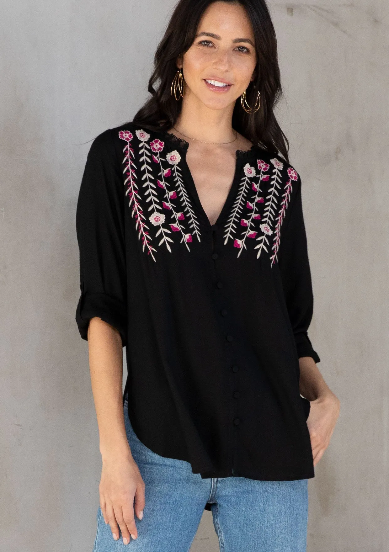 Floral Embroidered Roll Up Long Sleeve Top
