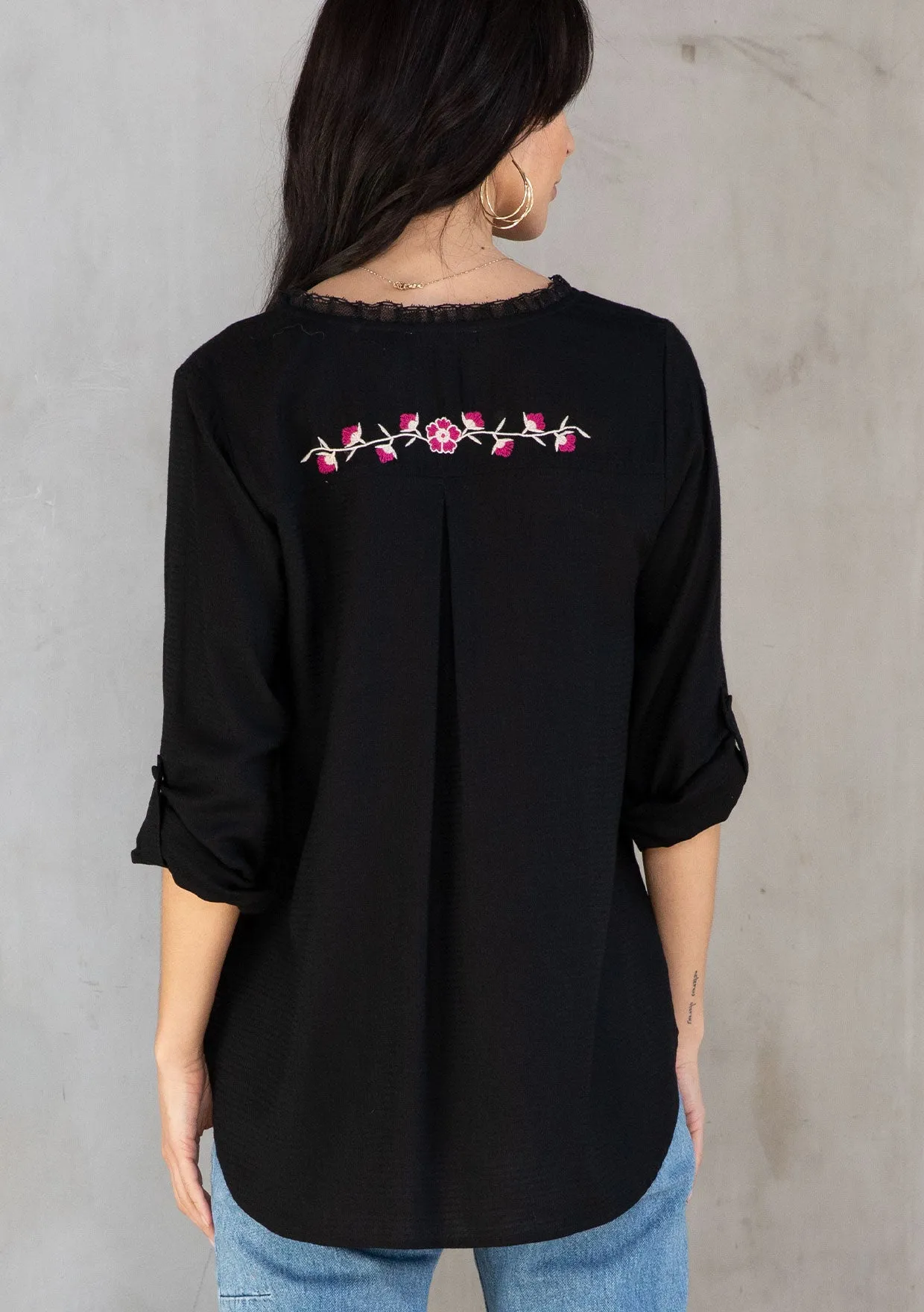Floral Embroidered Roll Up Long Sleeve Top