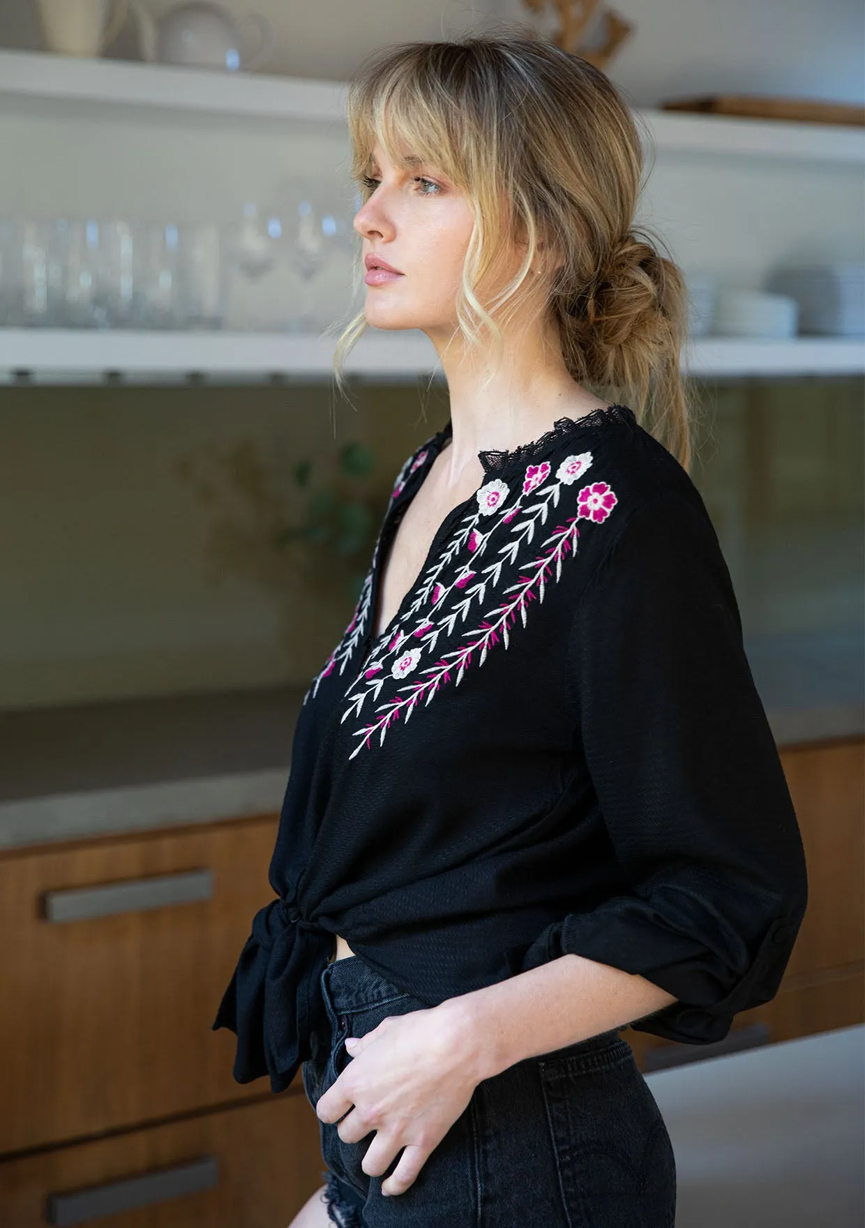 Floral Embroidered Roll Up Long Sleeve Top
