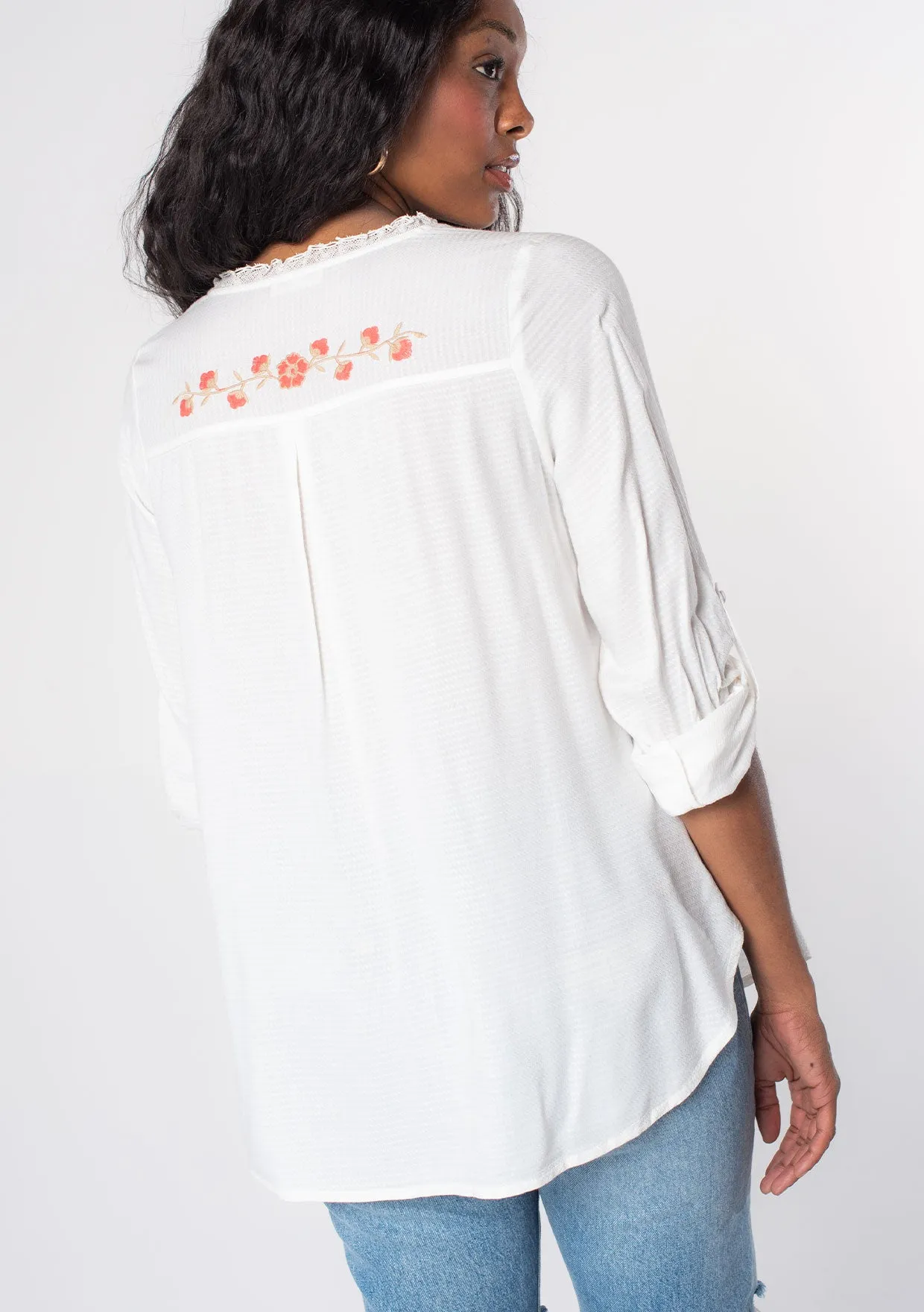 Floral Embroidered Roll Up Long Sleeve Top