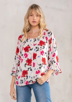 Floral Print Round Neck 3/4 Ruffled Sleeve Blouse
