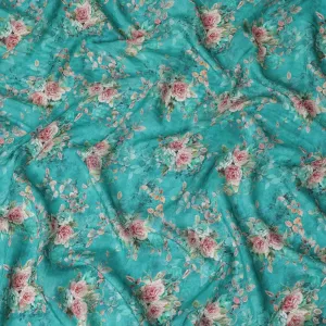 Fountain blue viscose crepe fabric with multicolor print in floral design-D11071