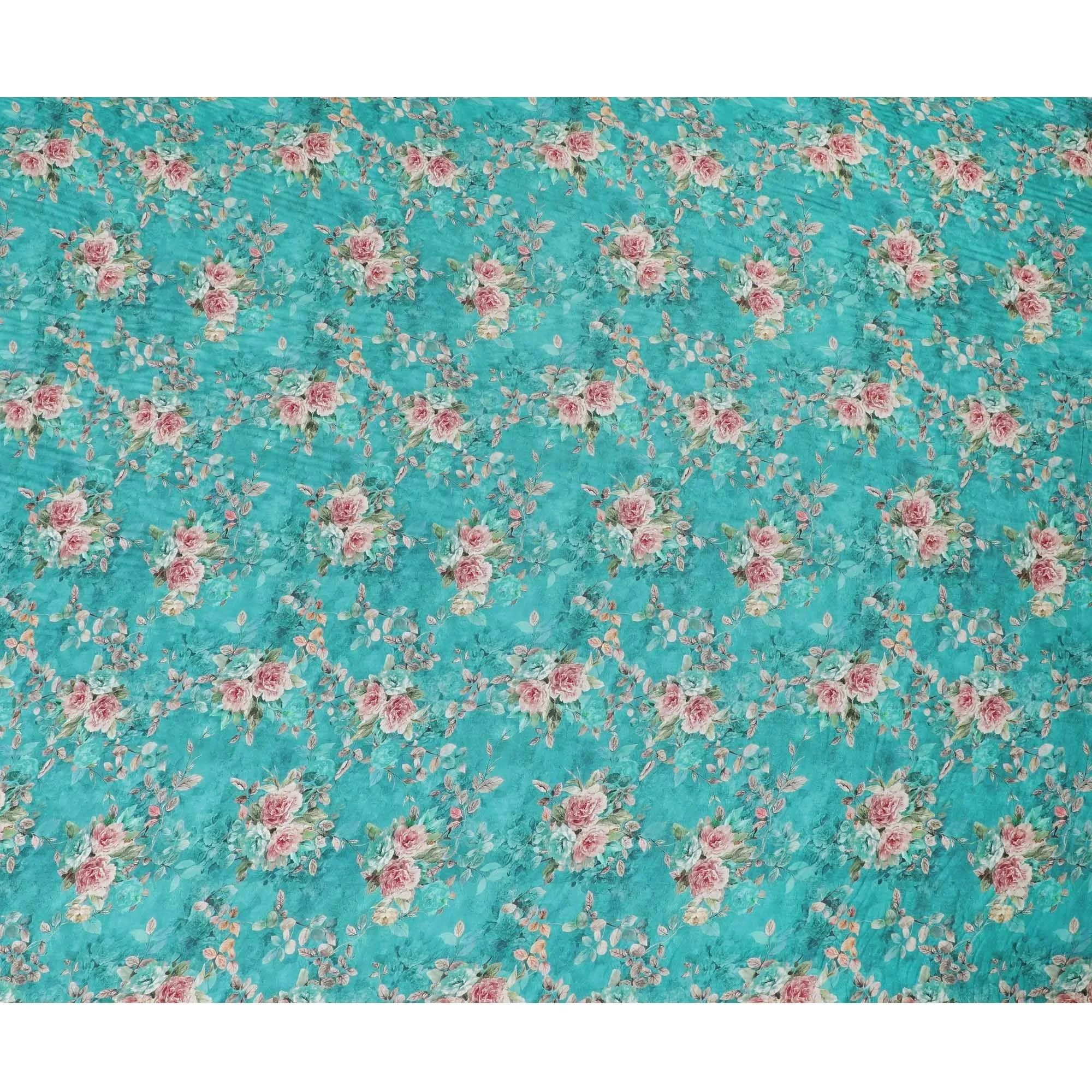 Fountain blue viscose crepe fabric with multicolor print in floral design-D11071