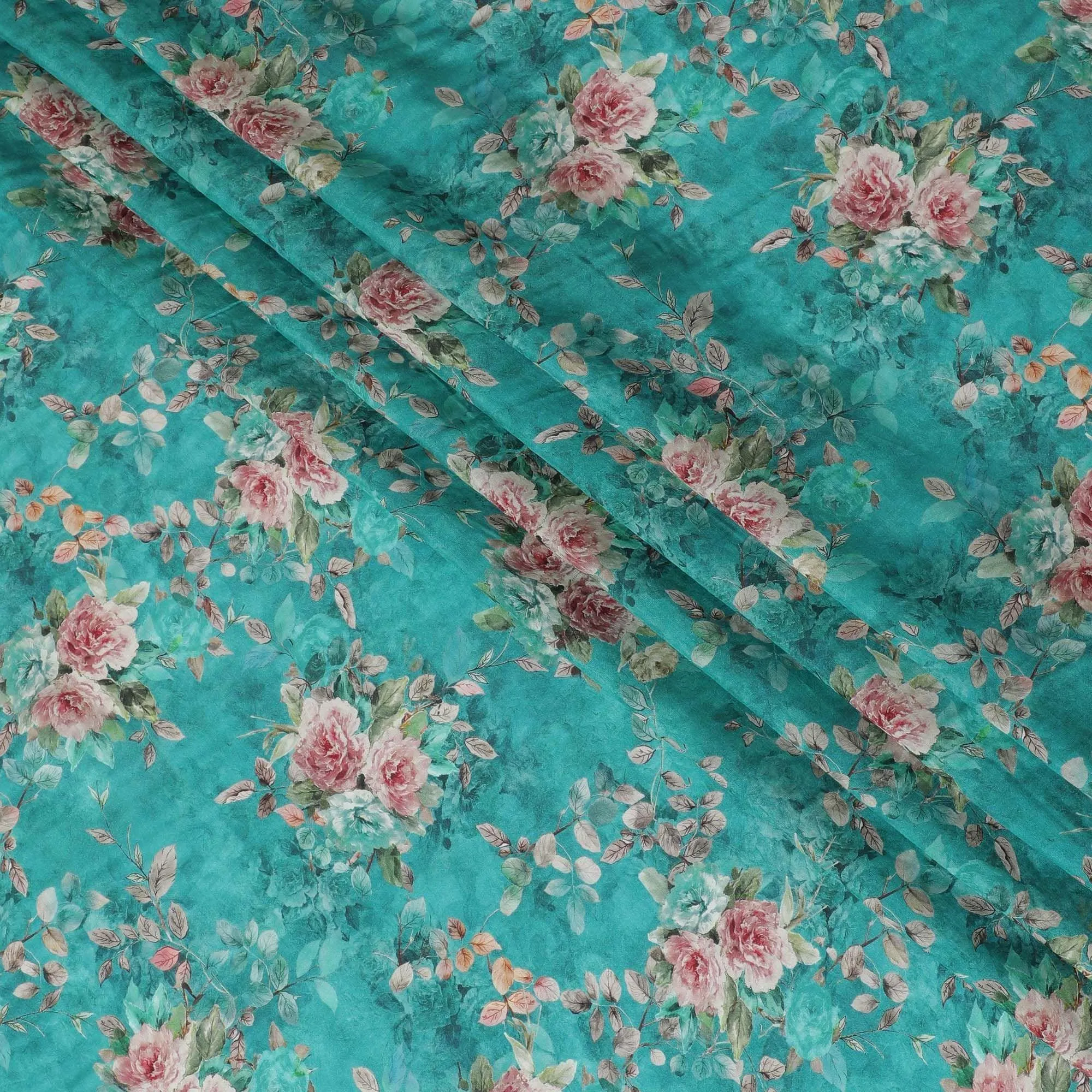 Fountain blue viscose crepe fabric with multicolor print in floral design-D11071