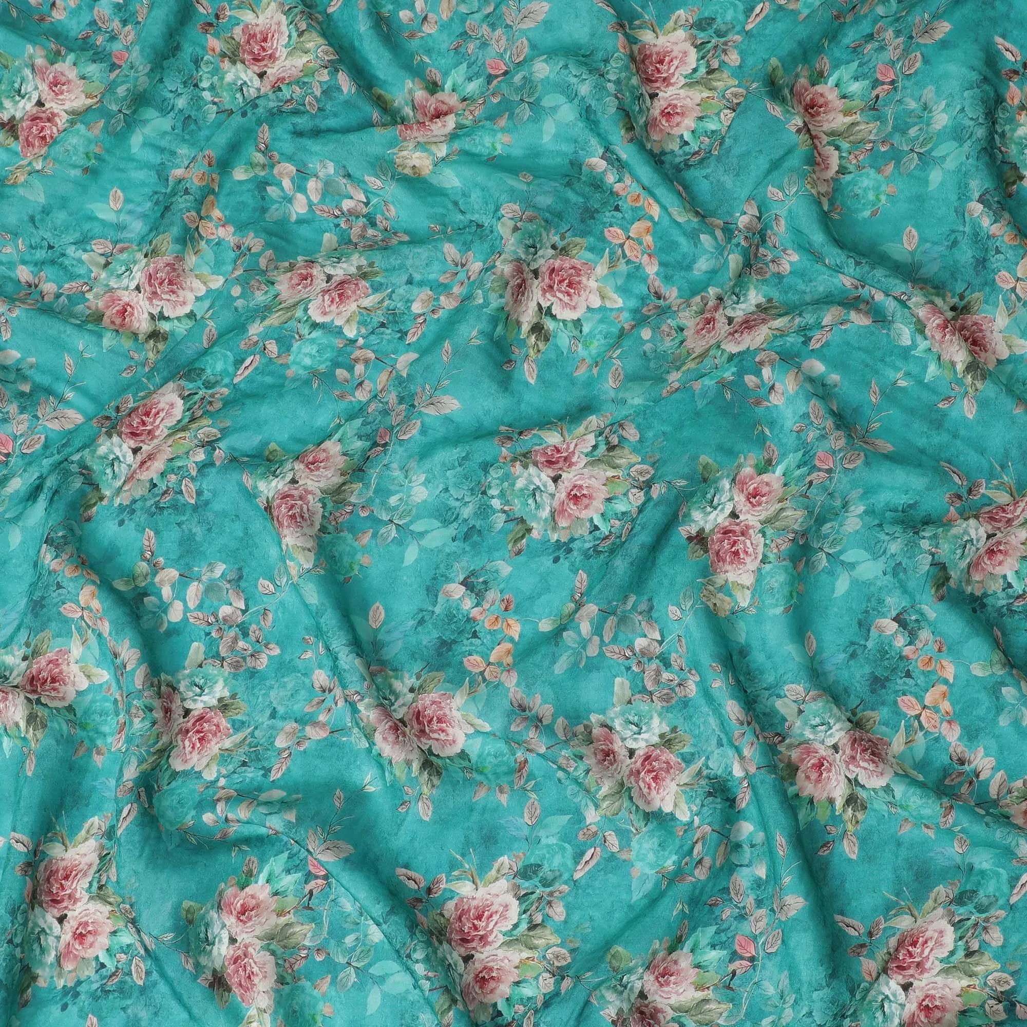 Fountain blue viscose crepe fabric with multicolor print in floral design-D11071