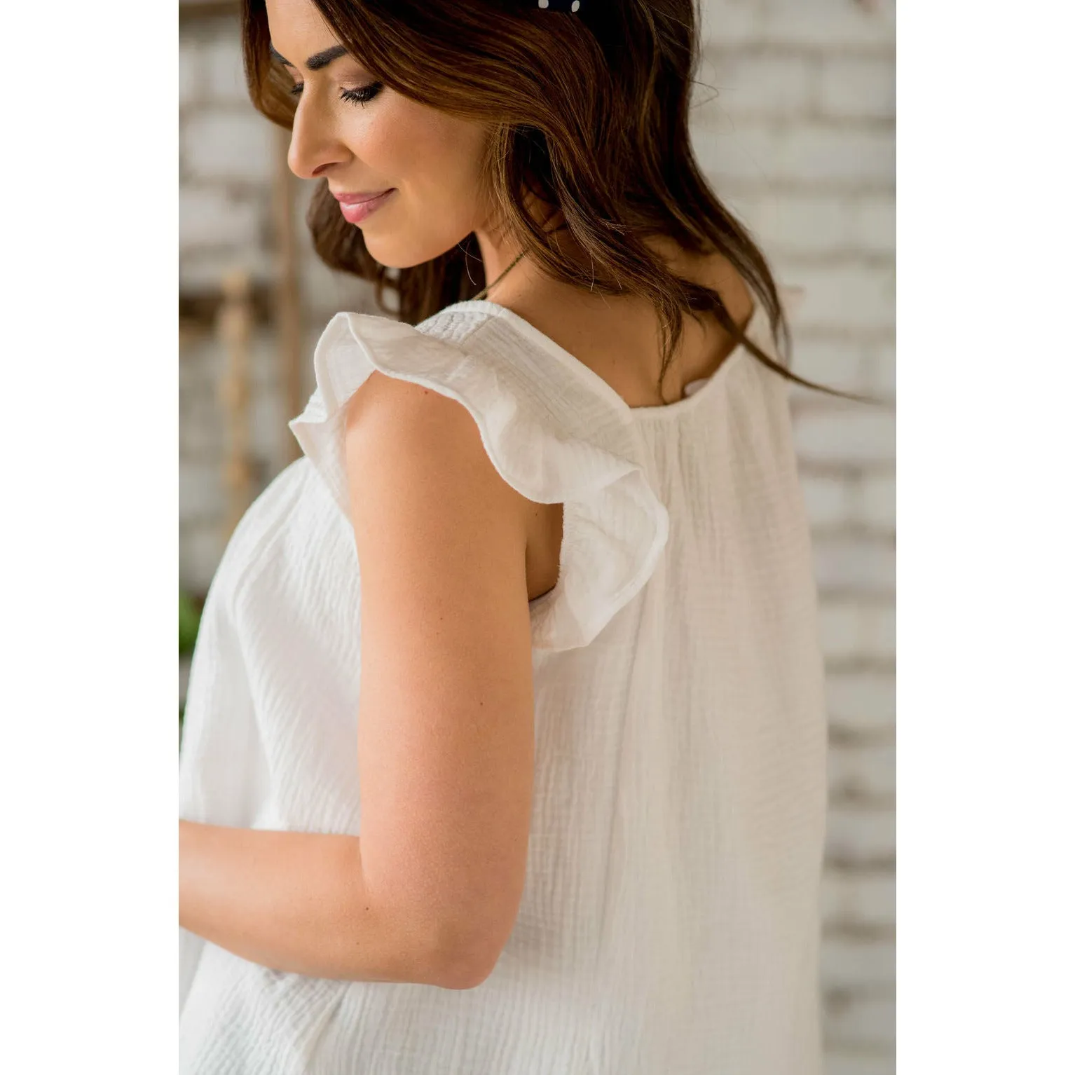 Gauze Flutter Sleeve Peasant Blouse