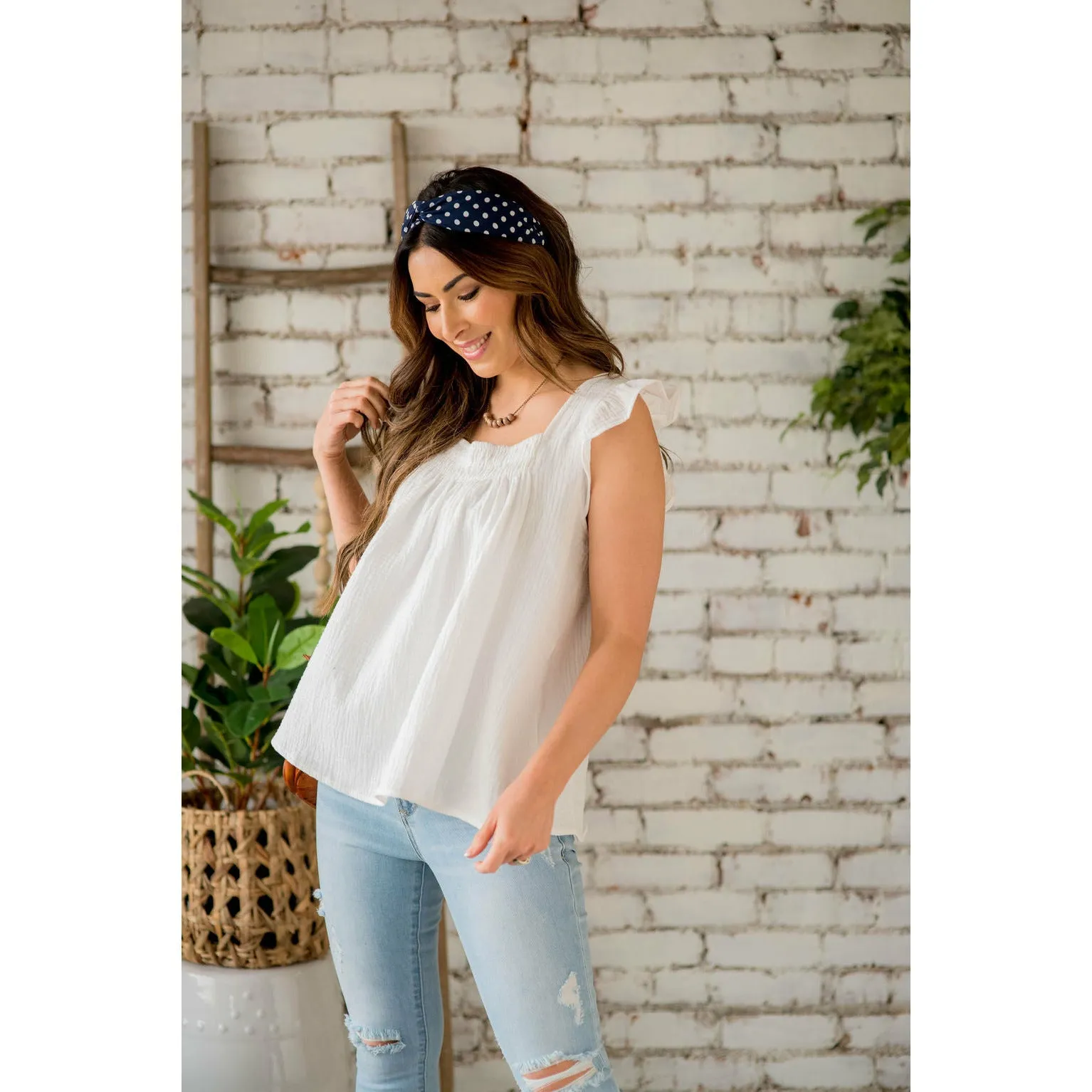 Gauze Flutter Sleeve Peasant Blouse