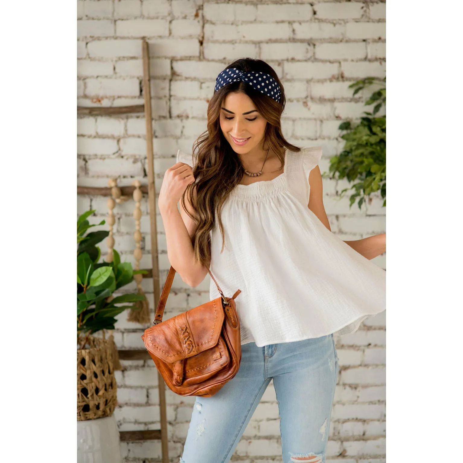 Gauze Flutter Sleeve Peasant Blouse