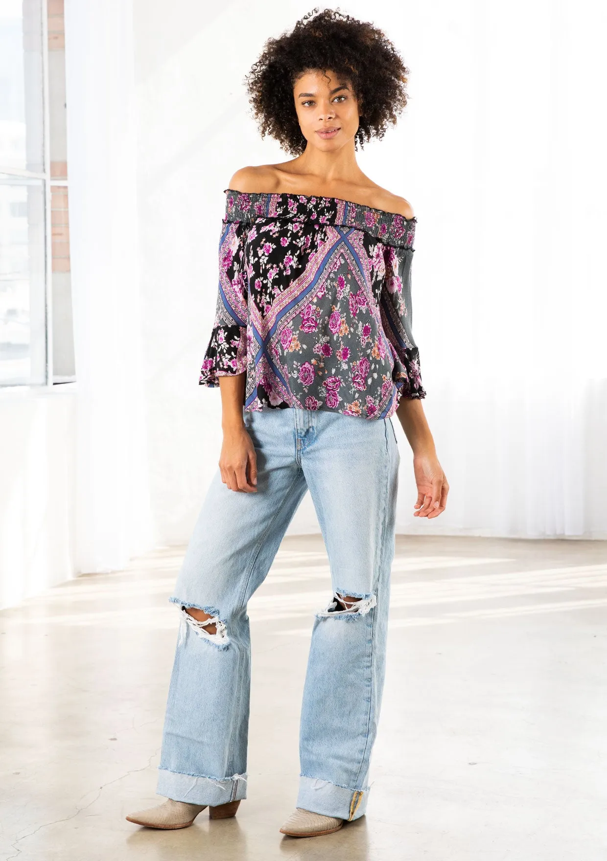 Geometric Floral Print Off Shoulder Smocked Top