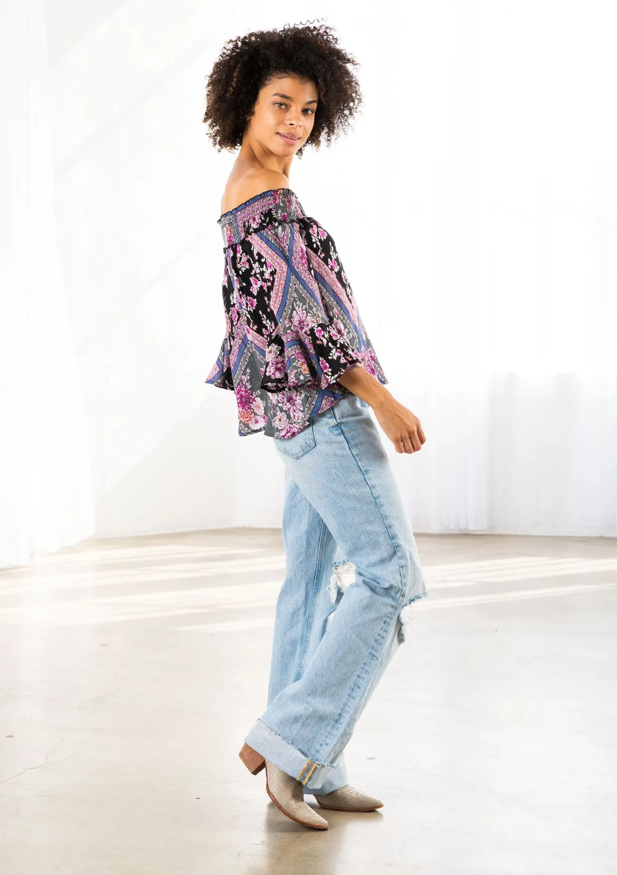 Geometric Floral Print Off Shoulder Smocked Top