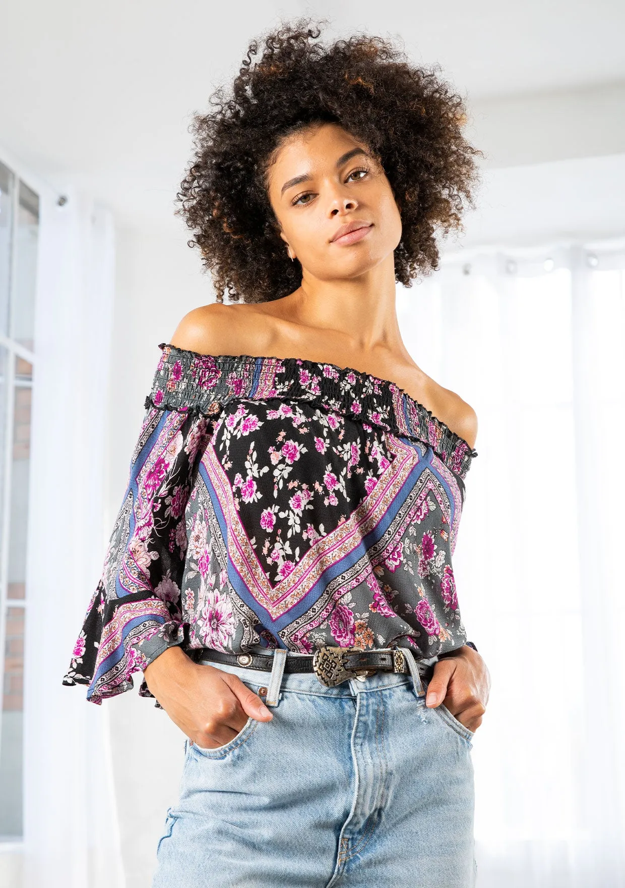 Geometric Floral Print Off Shoulder Smocked Top