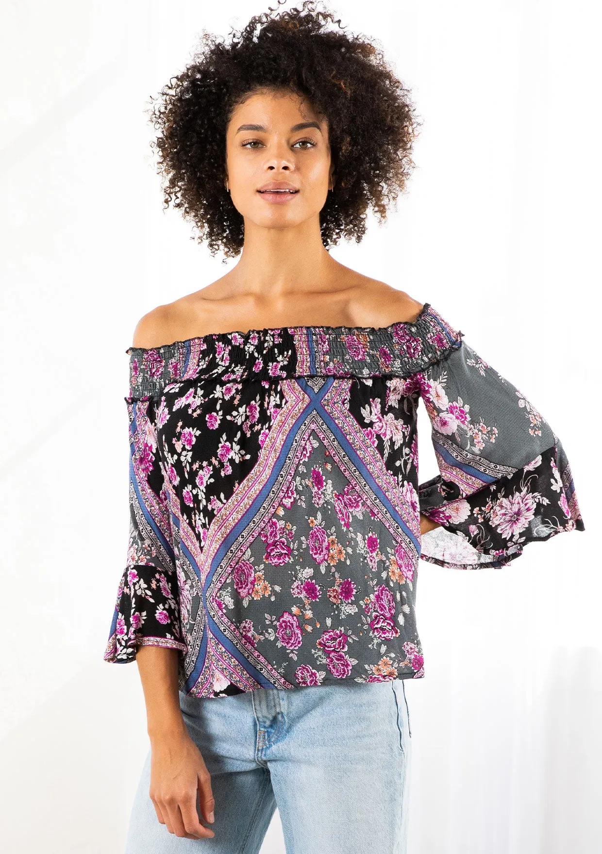 Geometric Floral Print Off Shoulder Smocked Top