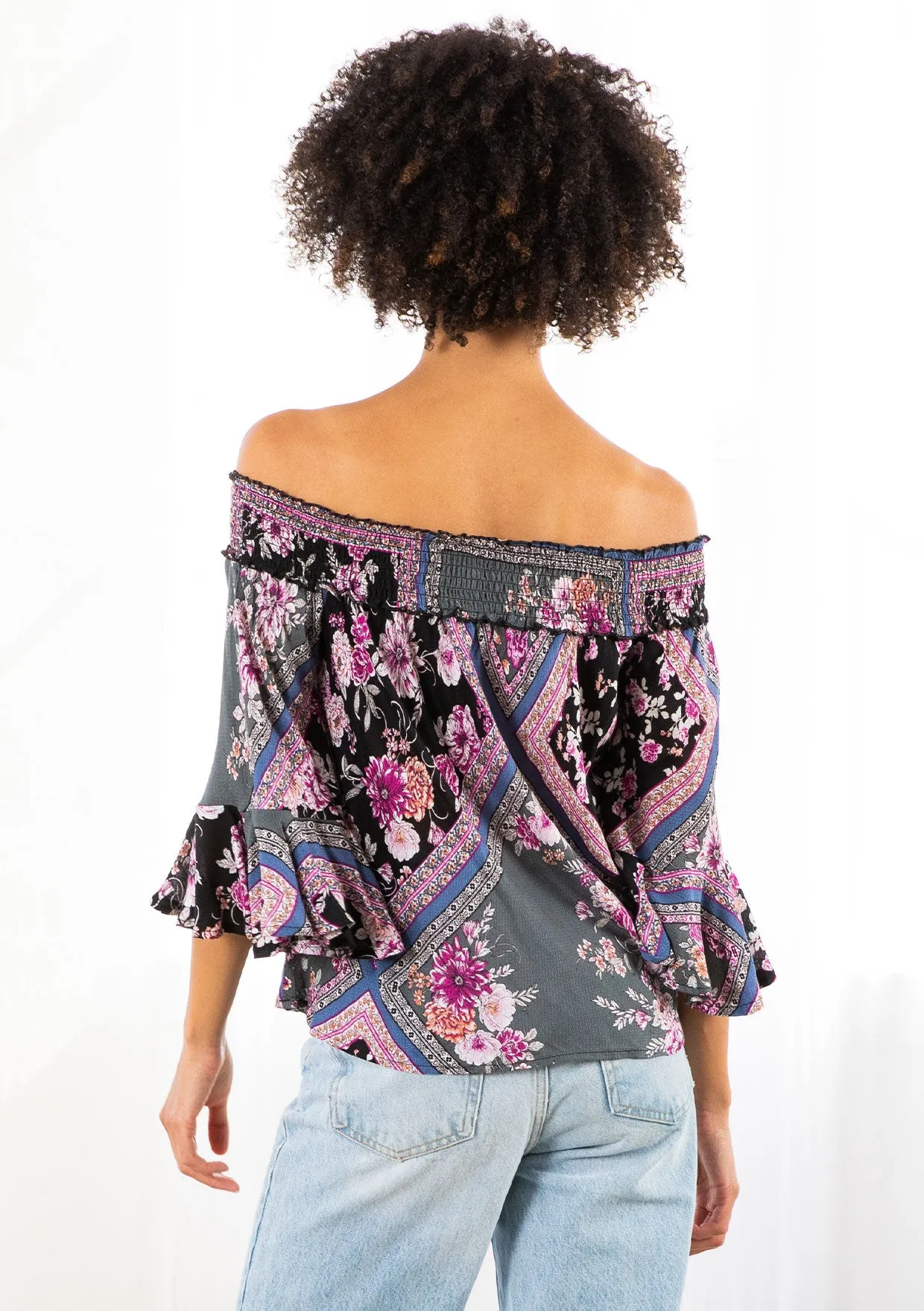 Geometric Floral Print Off Shoulder Smocked Top
