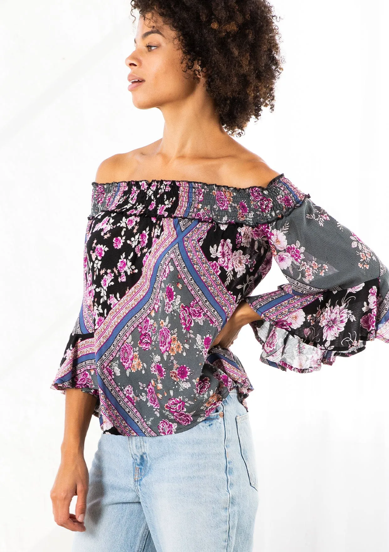 Geometric Floral Print Off Shoulder Smocked Top
