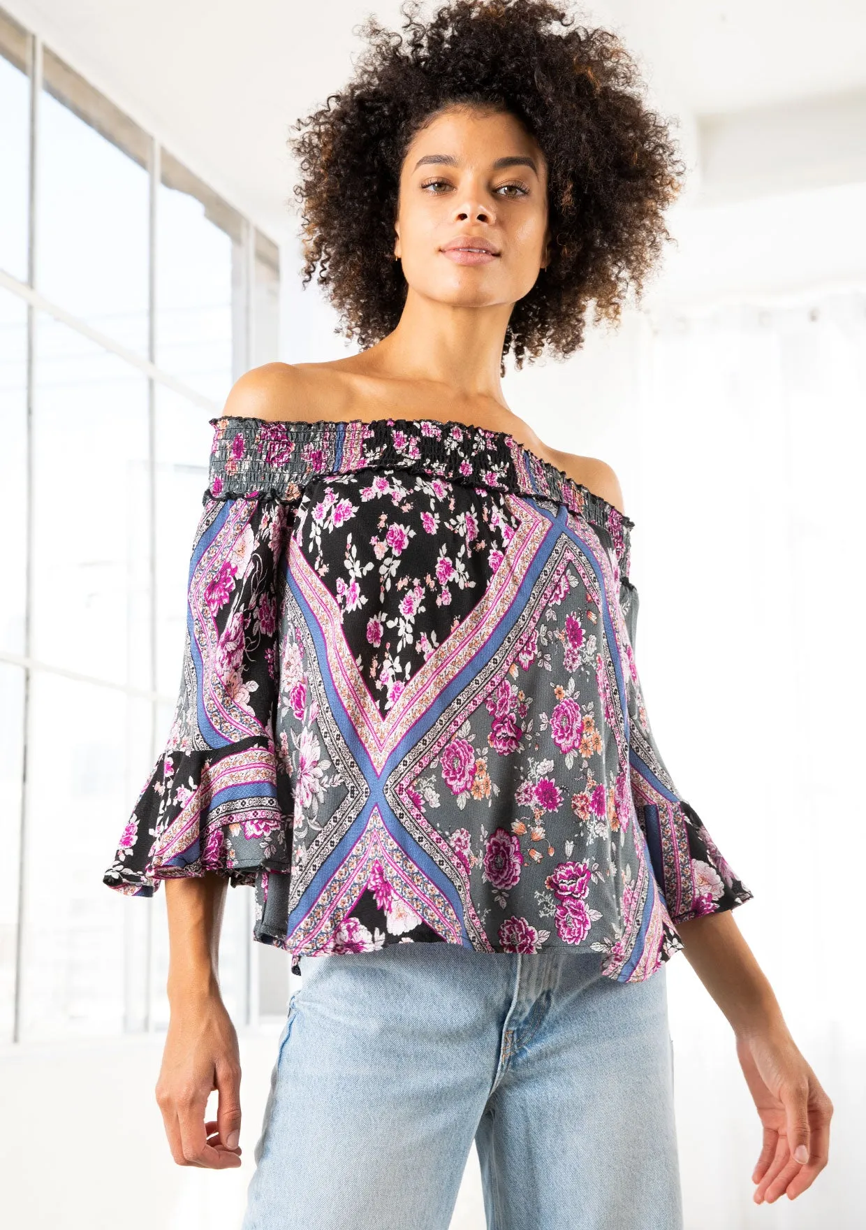 Geometric Floral Print Off Shoulder Smocked Top
