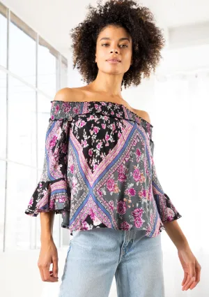 Geometric Floral Print Off Shoulder Smocked Top