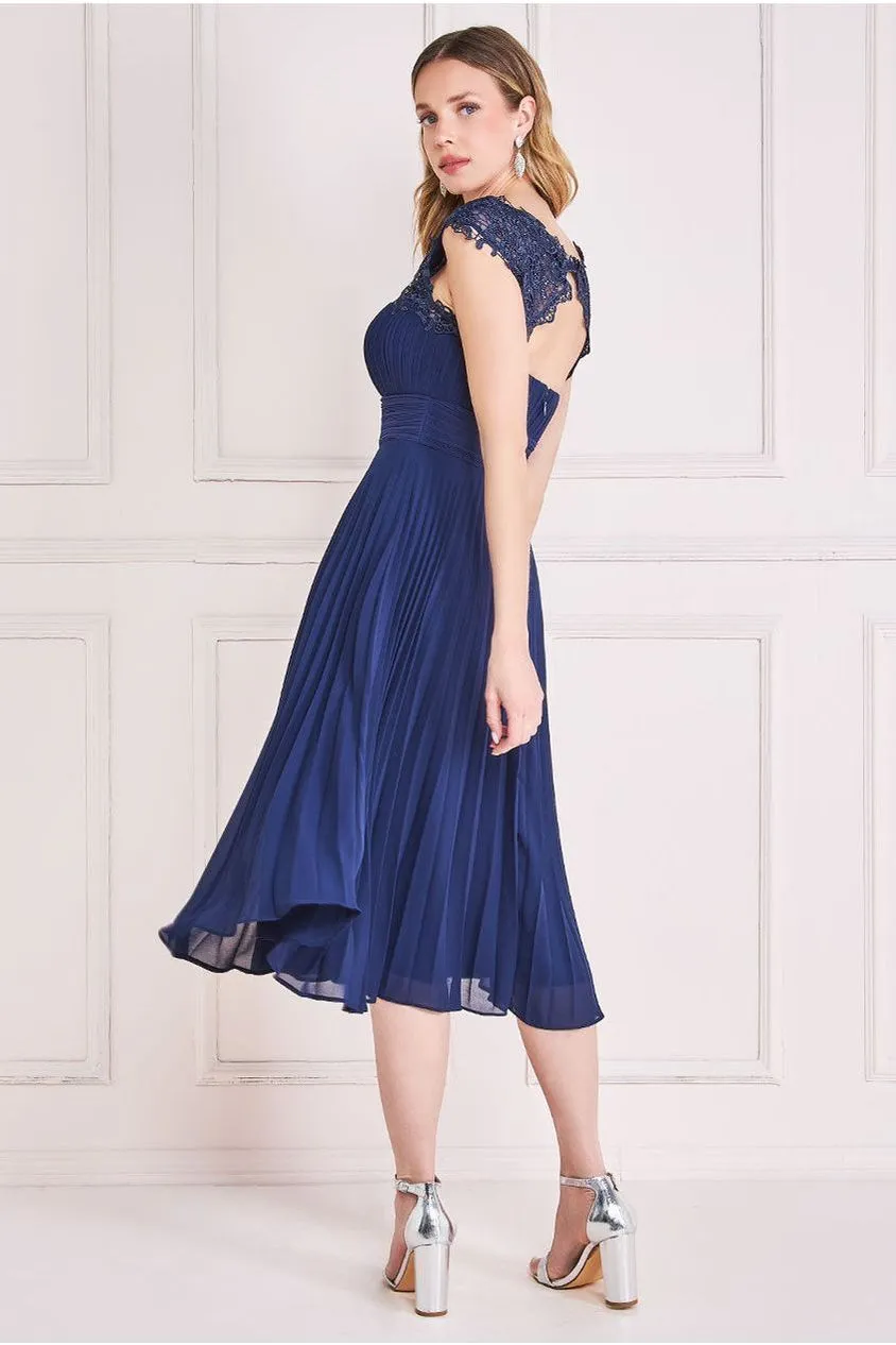 Goddiva Crochet & Pleated Top Midi - Navy