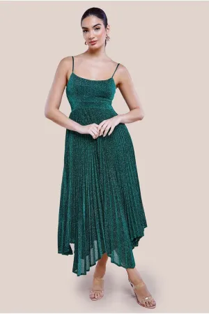 Goddiva Tie Back Pleated Lurex Skater Midi Dress - Emerald