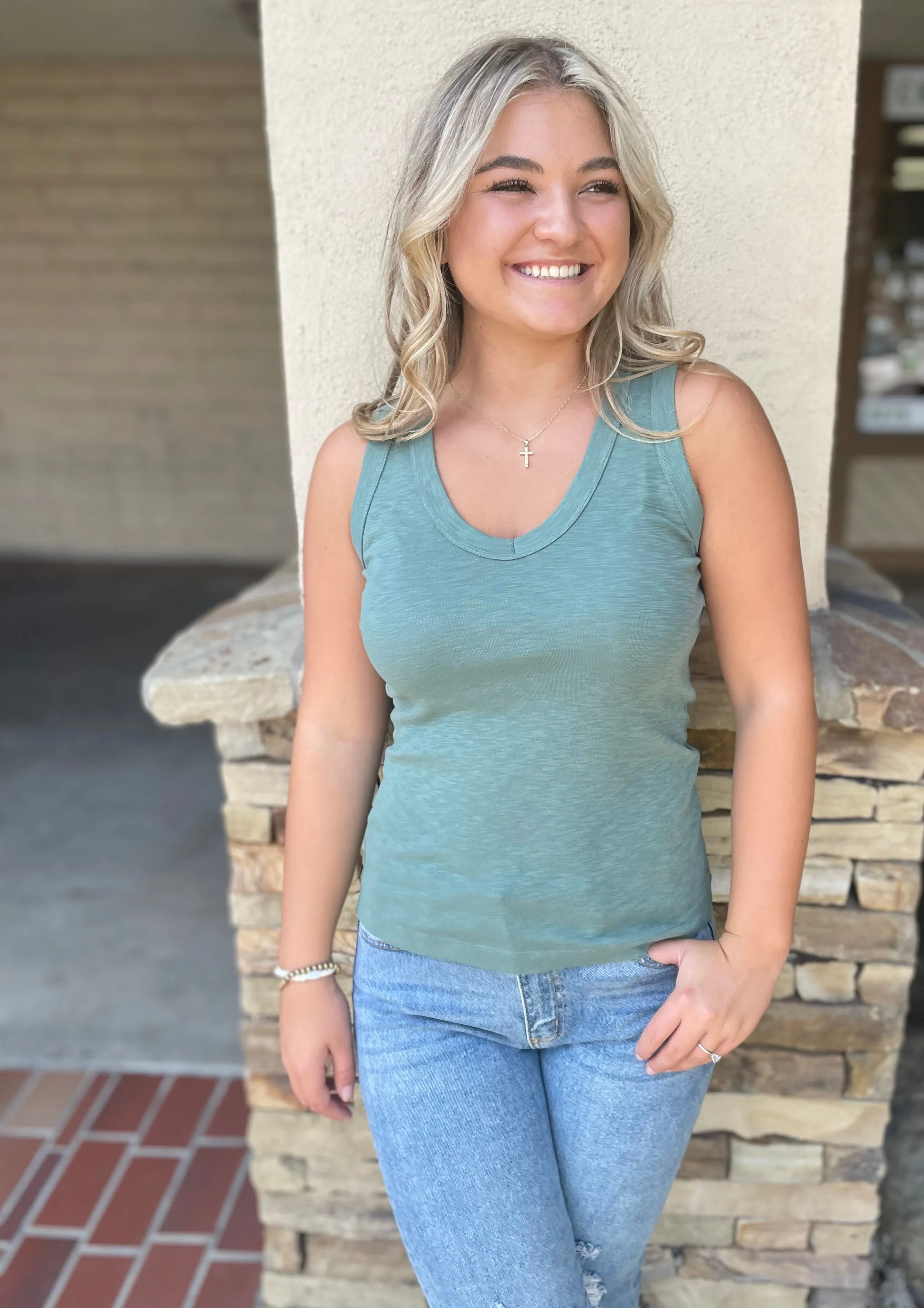 Green Ivy V-Neck Ribbed Tank Top