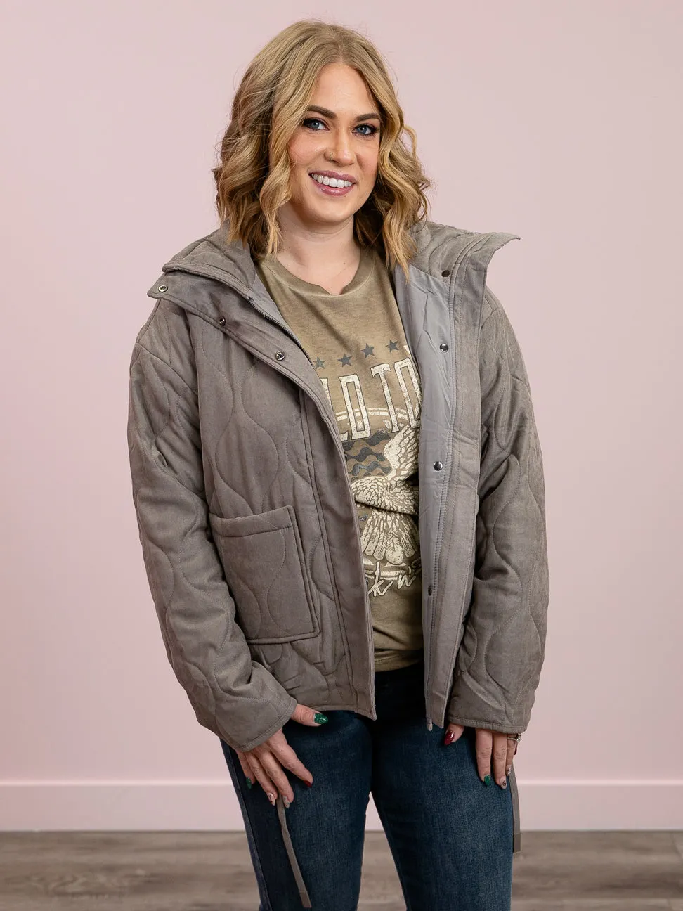 Hello Gorgeous Quilted Puffer Jacket | Earth Grey