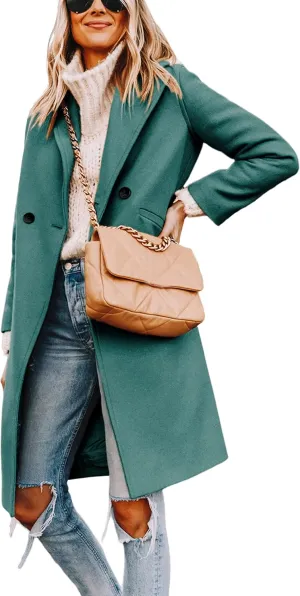 Hooever Women's Winter Wool Coat Casual Notch Lapel Single-Breasted Peacoat