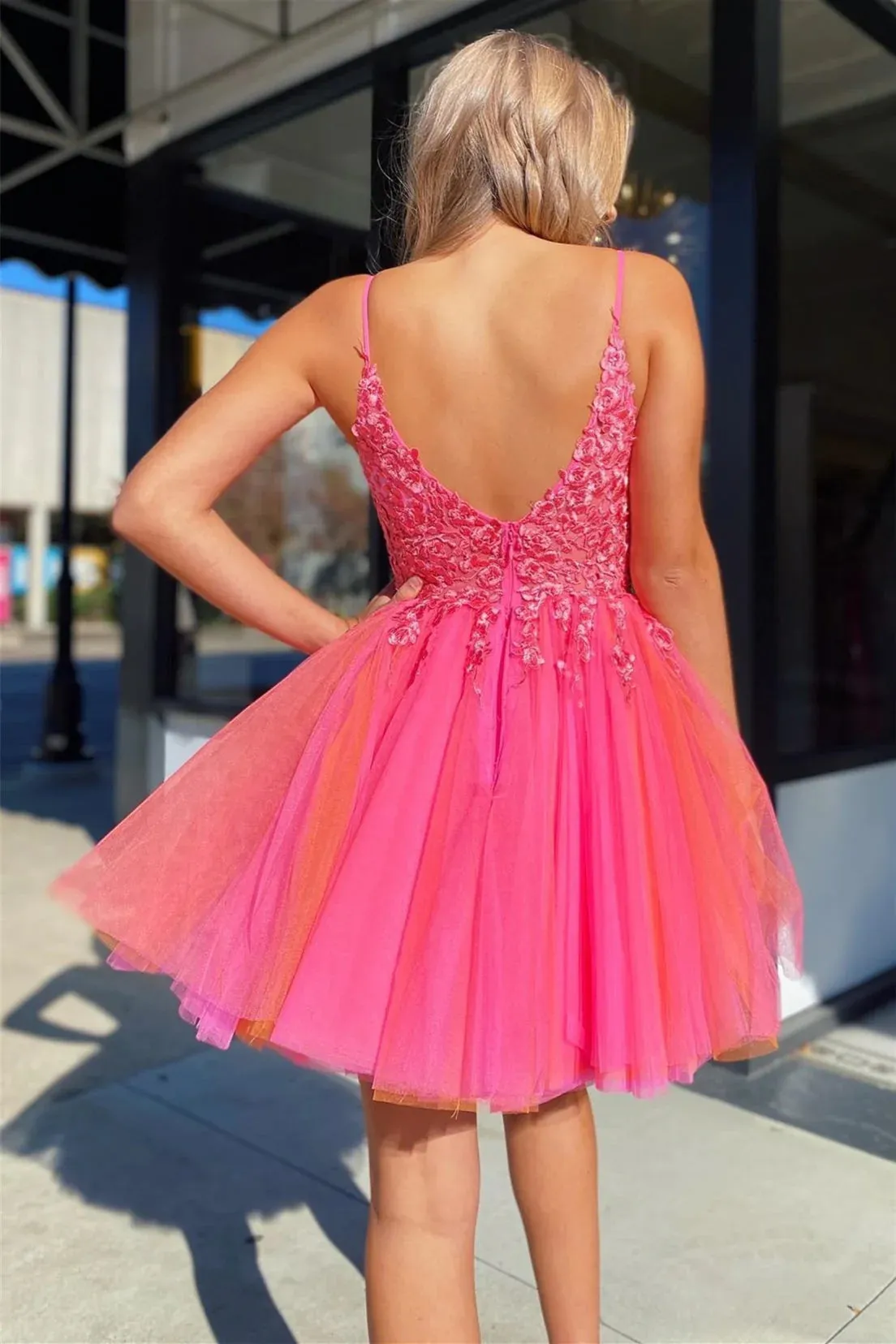 Hot Pink V Neck Straps Appliques Tulle Homecoming Dress VK23082111