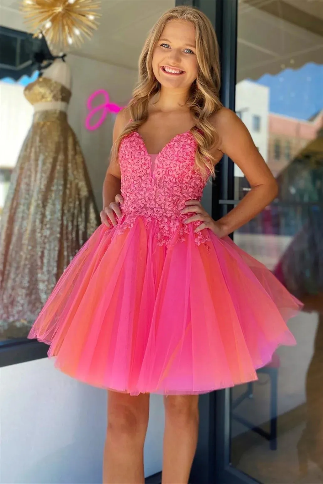 Hot Pink V Neck Straps Appliques Tulle Homecoming Dress VK23082111