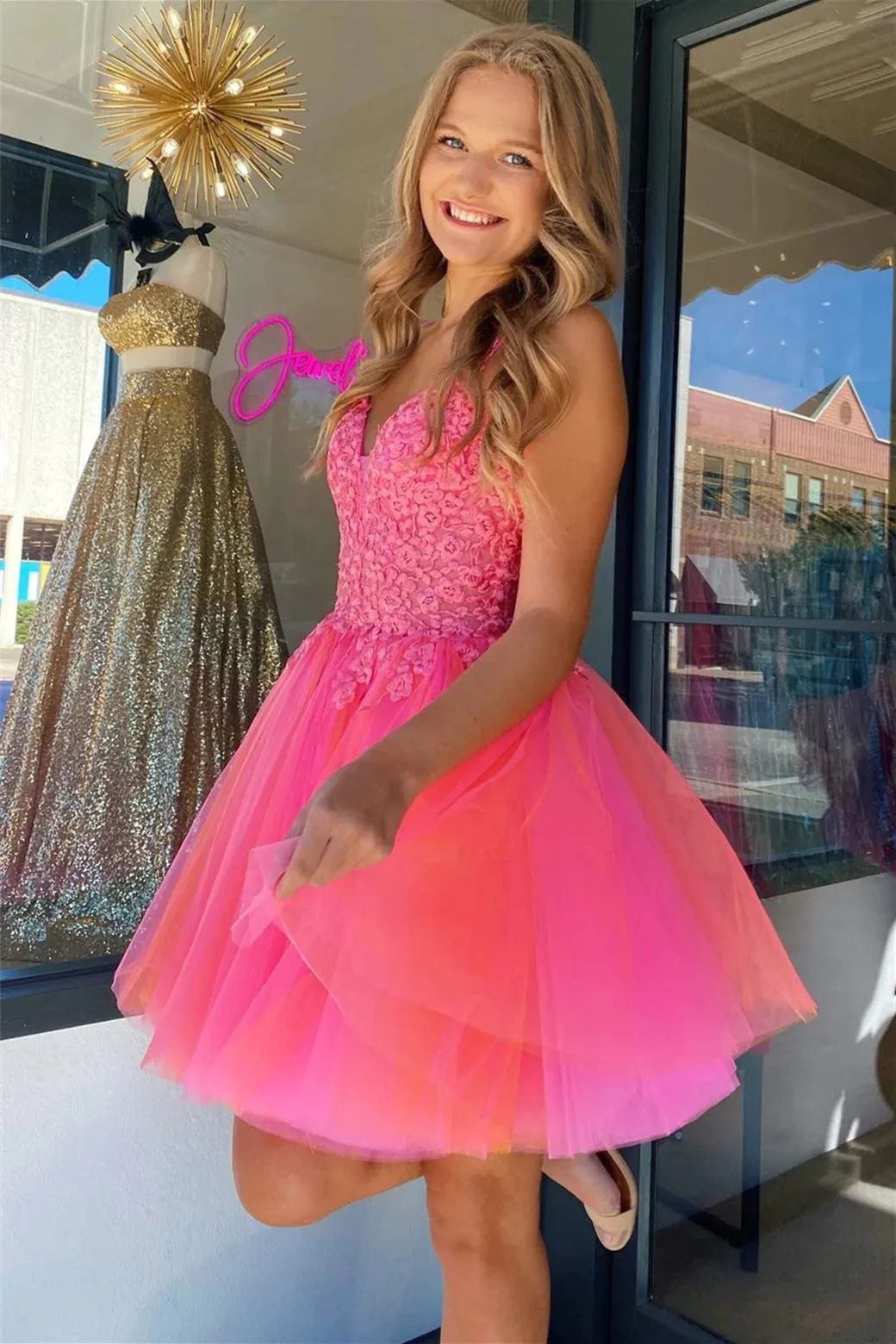 Hot Pink V Neck Straps Appliques Tulle Homecoming Dress VK23082111