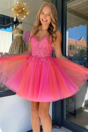 Hot Pink V Neck Straps Appliques Tulle Homecoming Dress VK23082111
