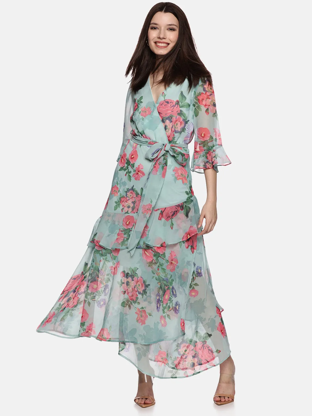 IS.U Floral Green Wrap Short Sleeve Dress