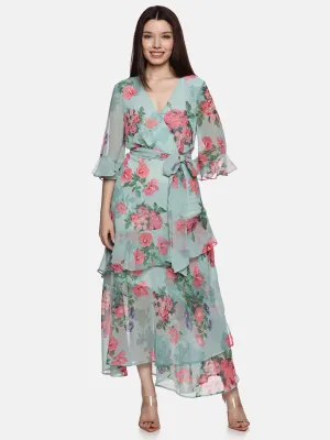 IS.U Floral Green Wrap Short Sleeve Dress