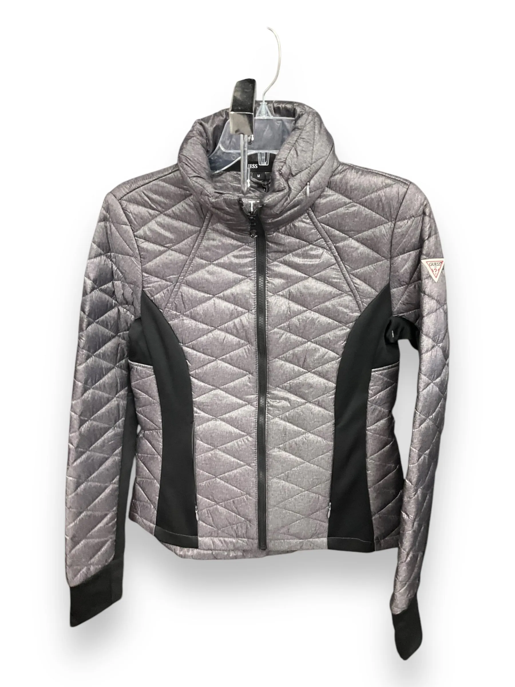 Jacket Puffer & Quilted By Guess In Black & Grey, Size: M