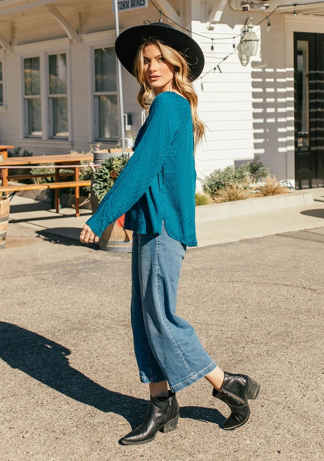 Jacquard Textured Long Sleeve Blouse