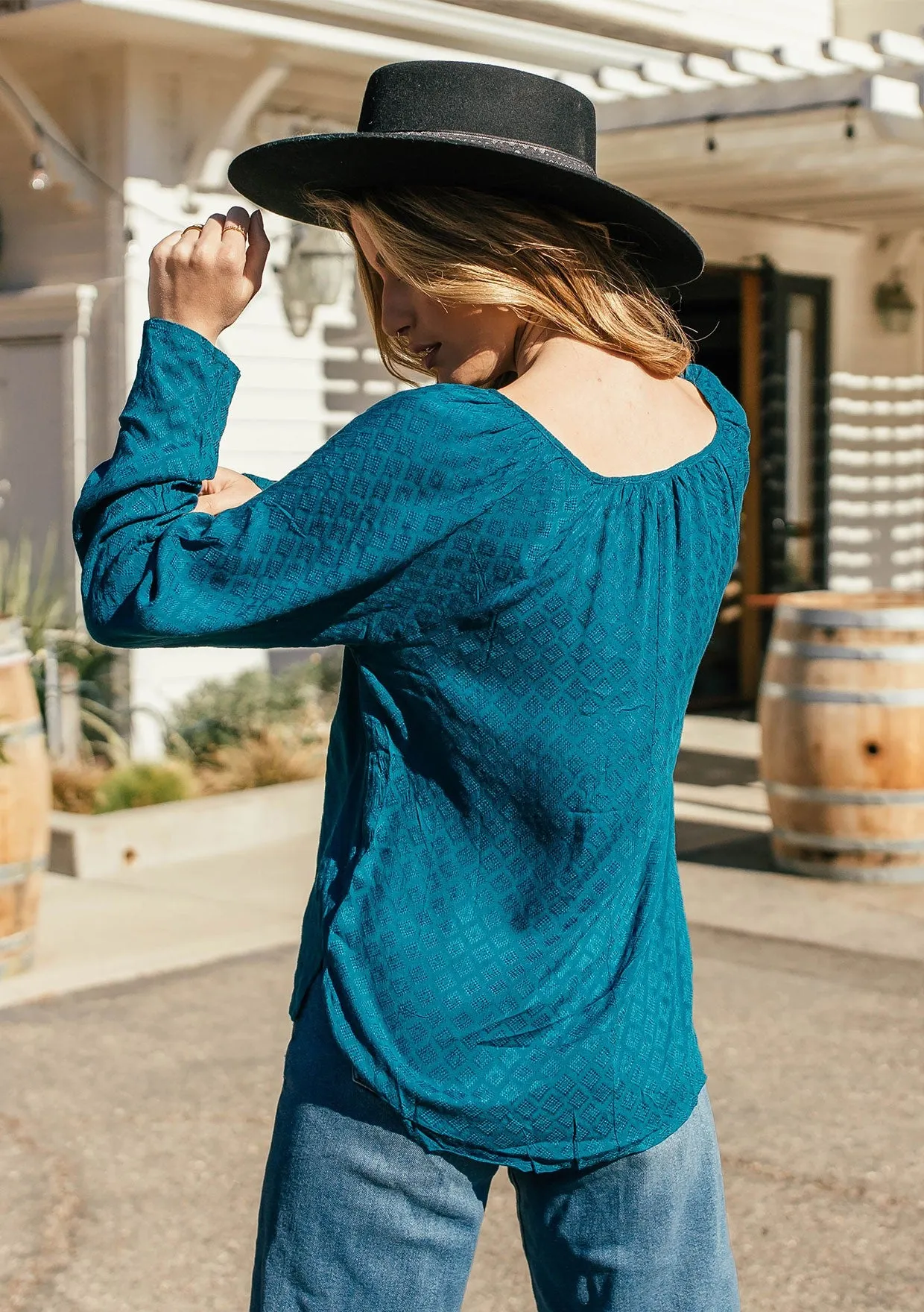 Jacquard Textured Long Sleeve Blouse