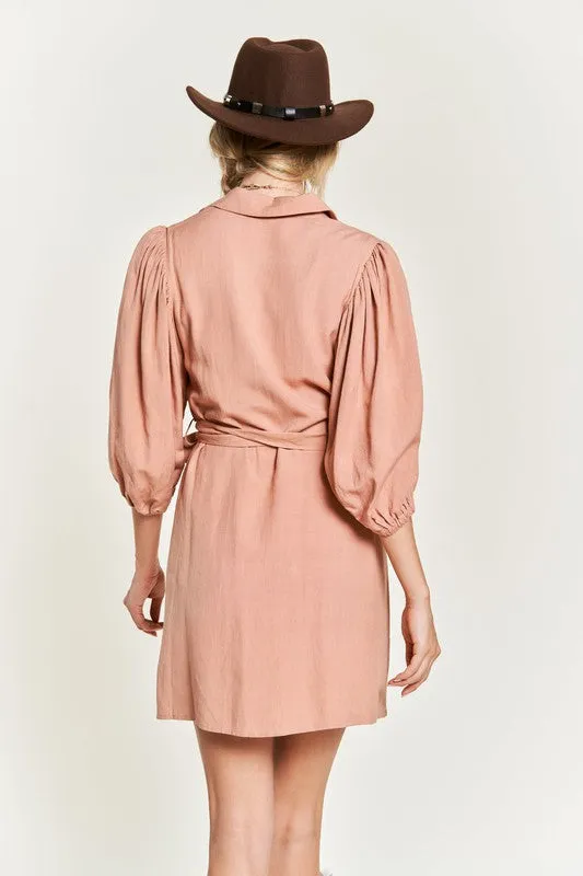 JADE by JANE Plus-size Puffed Sleeves Shirt Dress with Belt