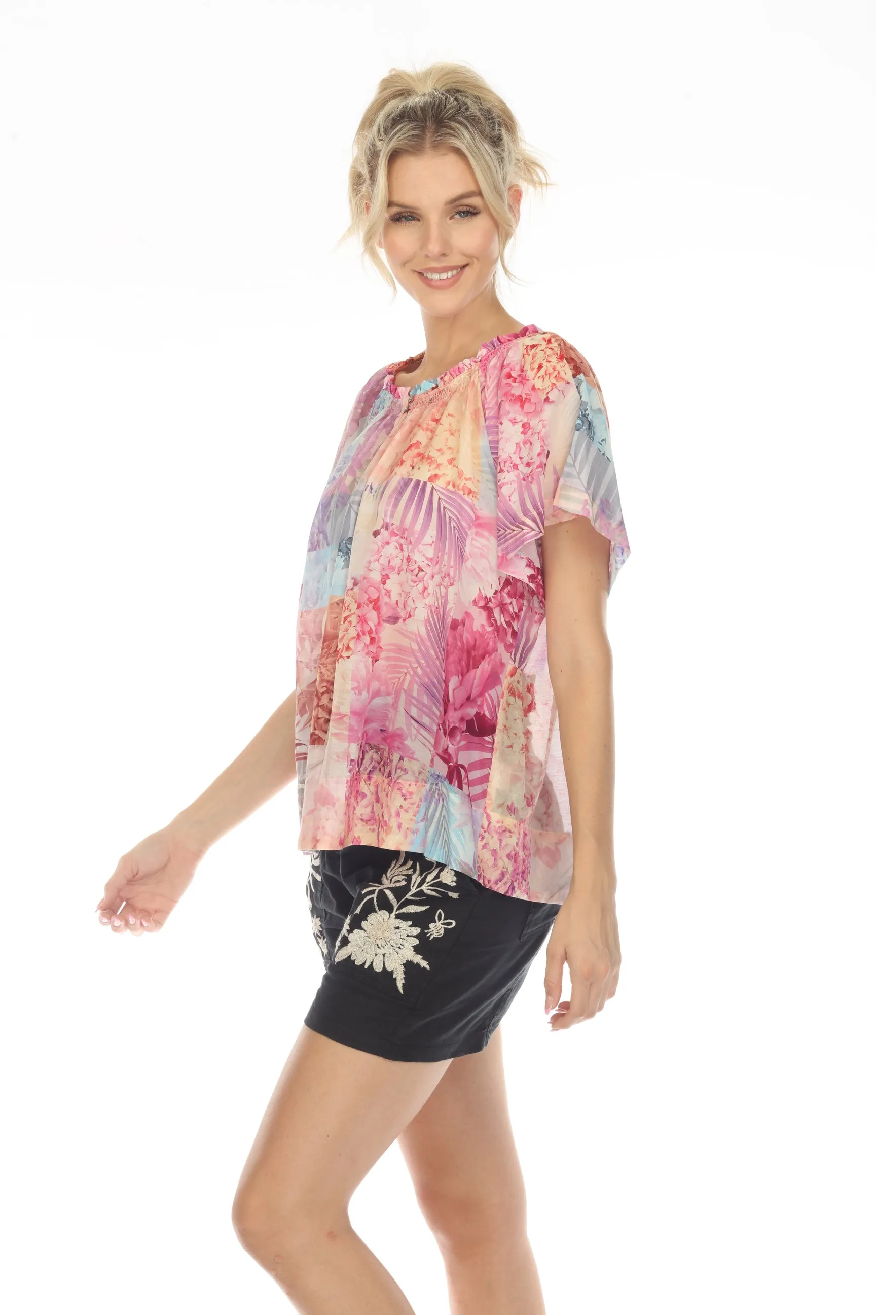Johnny Was Love Esme Floral Short Sleeve Peasant Blouse Boho Chic L15523
