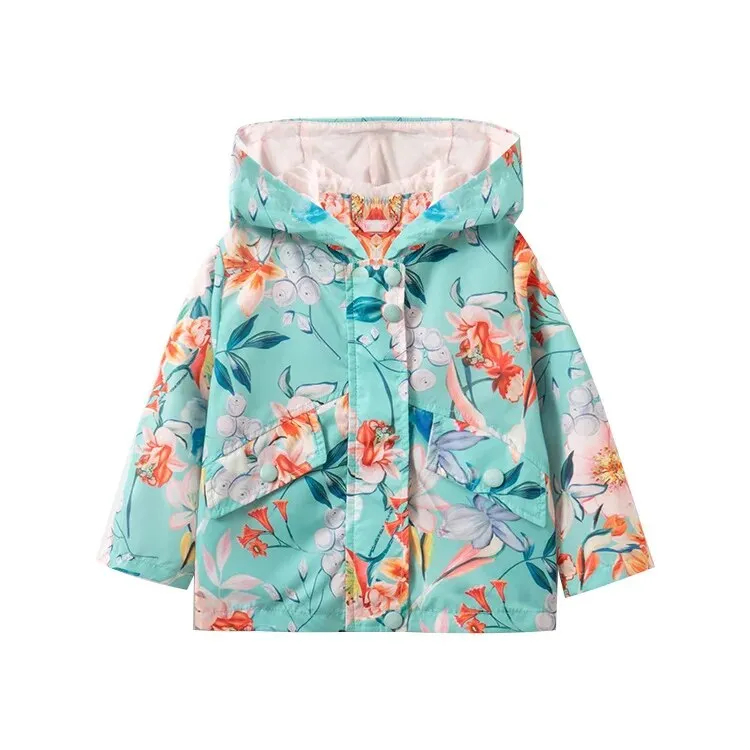 Kids Girl Flowers Cartoon Print Hooded Jackets Windbreaker