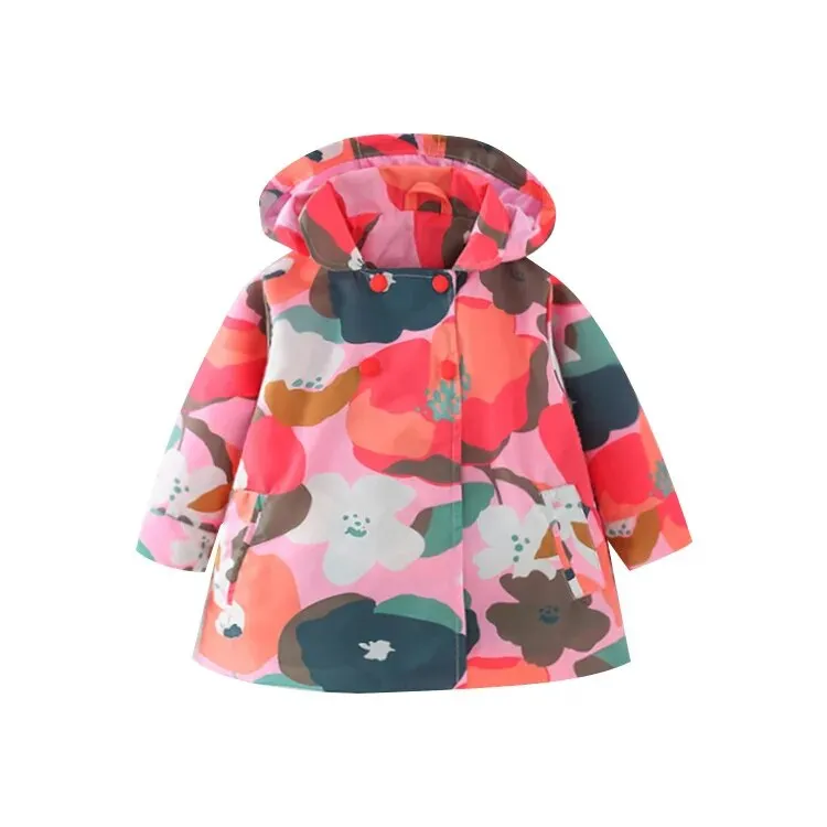 Kids Girl Flowers Cartoon Print Hooded Jackets Windbreaker