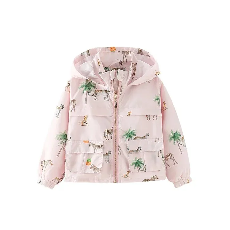 Kids Girl Flowers Cartoon Print Hooded Jackets Windbreaker