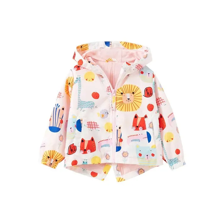 Kids Girl Flowers Cartoon Print Hooded Jackets Windbreaker