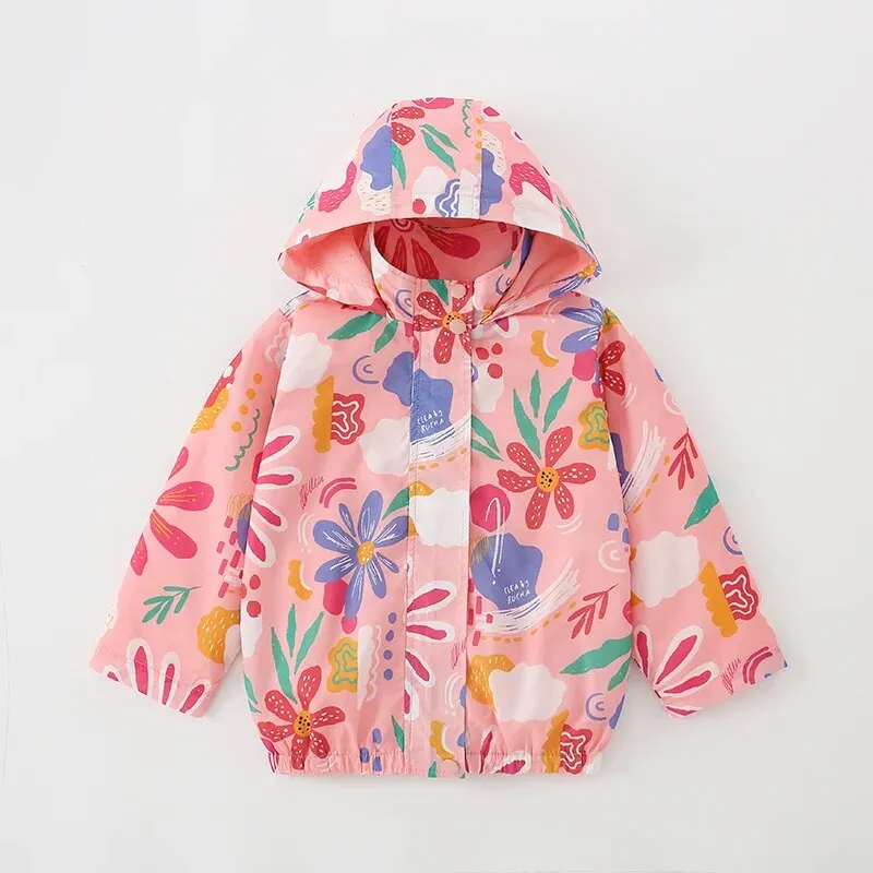 Kids Girl Flowers Cartoon Print Hooded Jackets Windbreaker