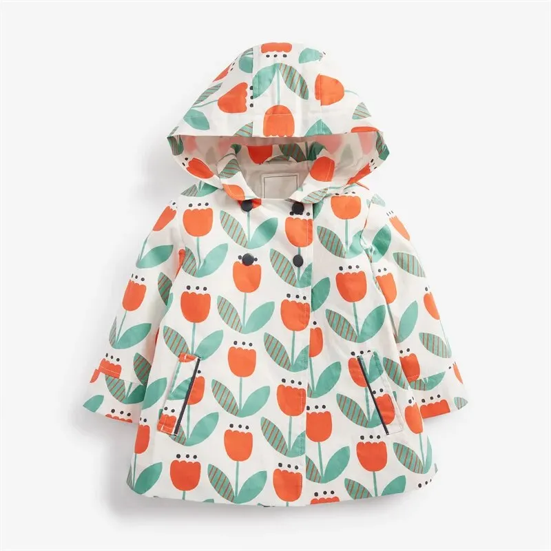 Kids Girl Flowers Cartoon Print Hooded Jackets Windbreaker